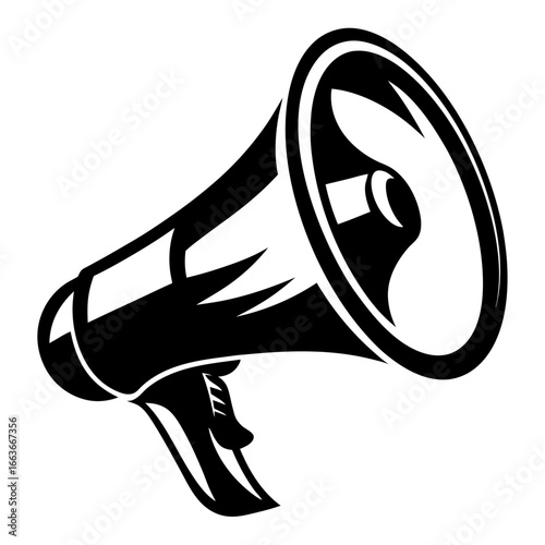 Black and white illustration of a megaphone, bullhorn on white background