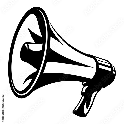 Stylized black and white drawing of a megaphone or bullhorn illustration