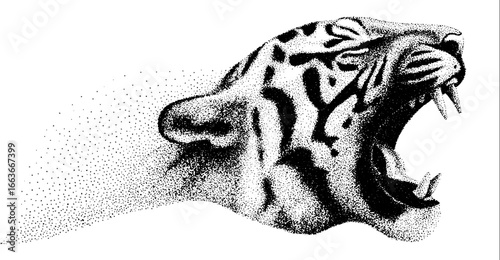 Roaring tiger stipple art with dotwork technique for design and decor