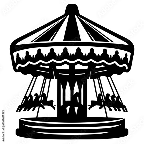 Monochrome illustration of a vintage carousel with horses and geometric patterns