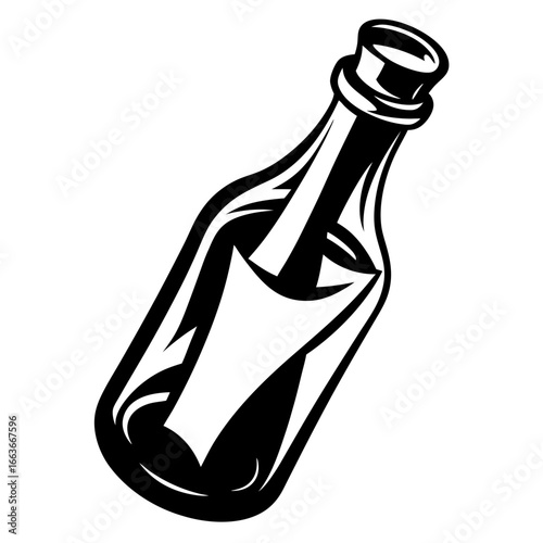 Black and white bottle with message, lost at sea illustration graphic
