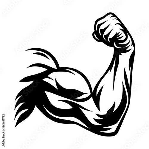 Stylized muscular arm flexing showing biceps and power in black and white