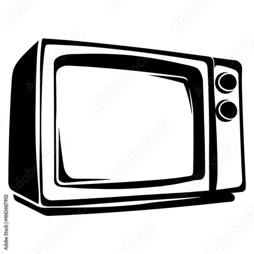 A stylized monochrome illustration of a vintage television set with curved edges