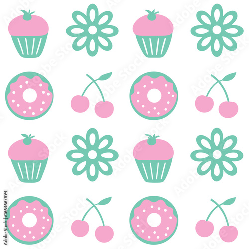Seamless pattern with cute donuts, cupcakes, cherries and flowers isolated on white background