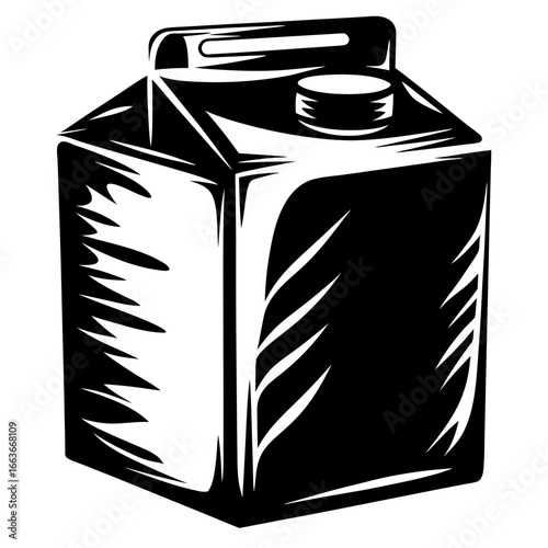 Stylized black and white illustration of a milk or juice carton container