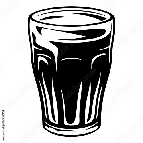 Monochrome vector drawing of a glass tumbler filled with a dark liquid
