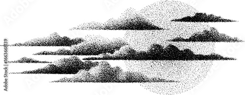 Stippling dotwork illustration of horizontal clouds in vintage halftone style for design