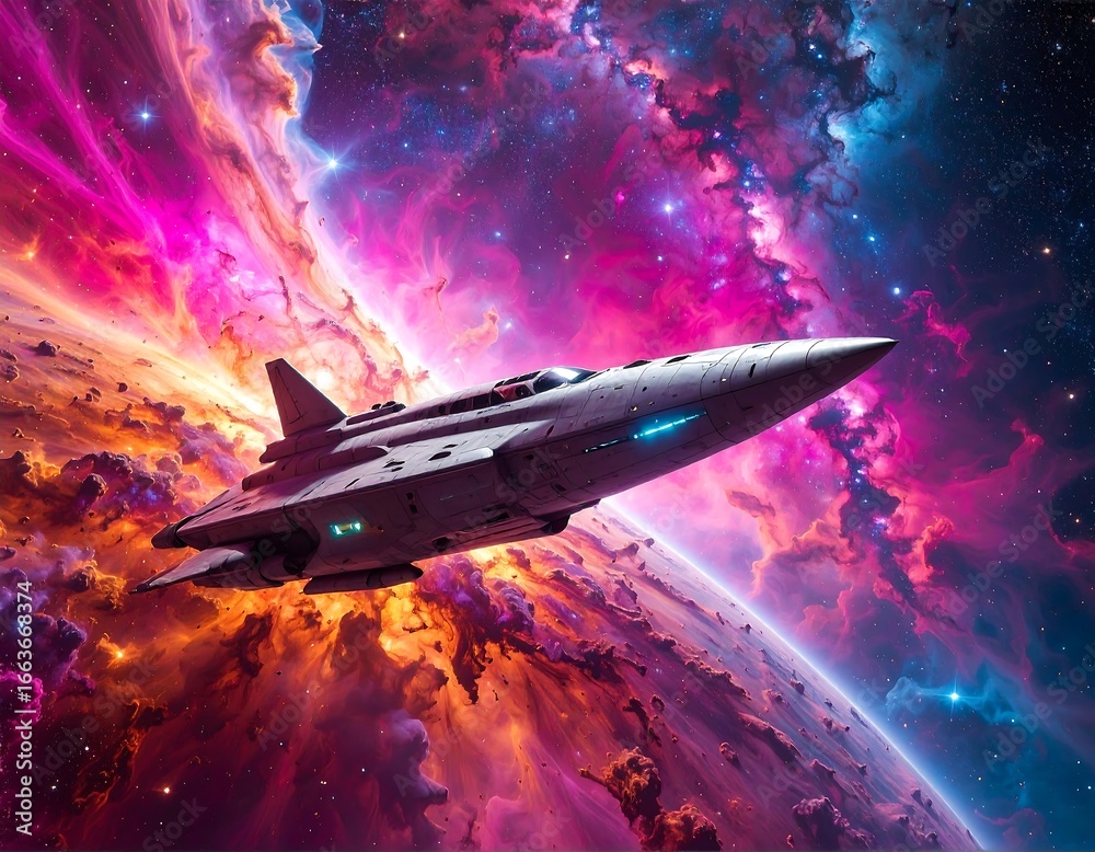 Obraz premium Futuristic spacecraft in vibrant nebula