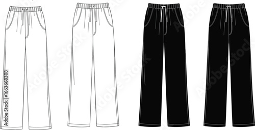 CAD drawing flat vector illustration of women’s wide leg drawstring pants with elastic waistband, casual comfortable fashion template, technical front and back views