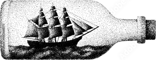 Stipple dotwork ship sailing in bottle – vintage maritime design for print or poster