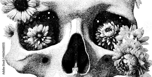 Floral skull design with stipple dotwork for tattoo art and decoration