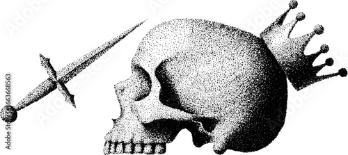 Stipple dotwork skull with crown and sword - intricate tattoo design inspiration
