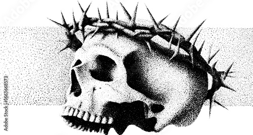 Stippling illustration of a skull with crown of thorns for tattoo design