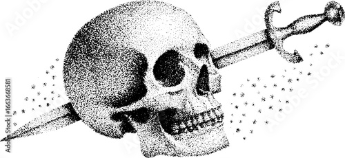 Intricate stippling skull with dagger design for tattoos and artwork