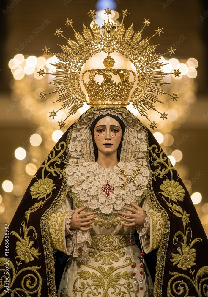 Fototapeta premium Our Lady of the Pillar Statue with Crown and Halo of Stars