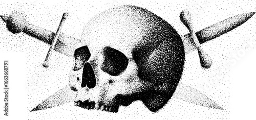 Intricate skull with crossed daggers in stipple dotwork art for tattoo design