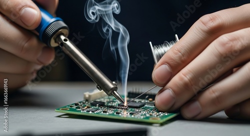 Person soldering intricate circuit board components with hot iron and solder wire, creating smoke in a workshop setting