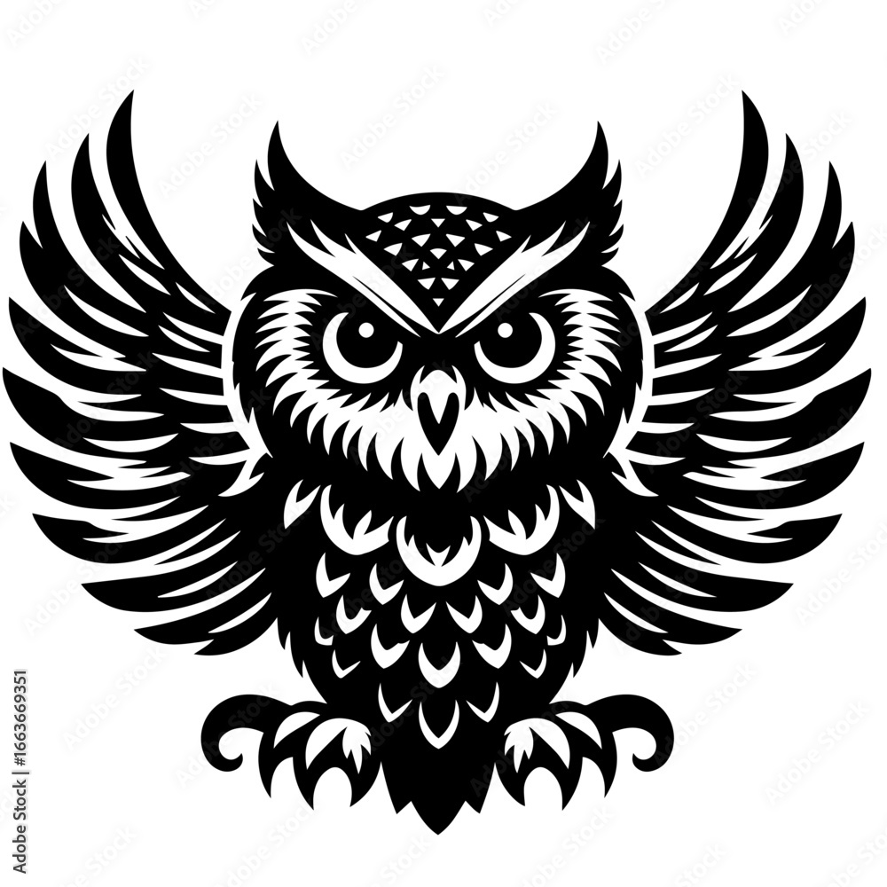 Obraz premium Black and white vector silhouette of a owl on a white background