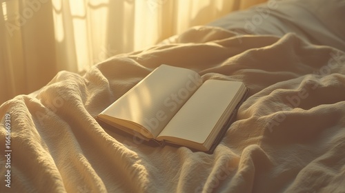 Ultra realistic surface with a single journal and soft linen blanket on a sunlit bed, symbolizing self-reflection, emotional processing, and rest as part of success