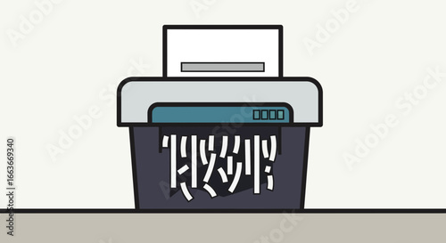 Illustration of a modern paper shredder in action, destroying documents with shredded paper emerging from the bottom