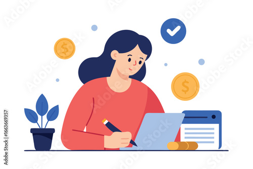 Woman working on finances with coins and a checkmark