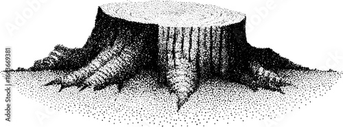 Stippled illustration of a tree stump with granular texture for natural design concepts