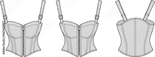 CAD drawing flat vector illustration of women's corset top, adjustable straps, front zipper, structured fit, fashion garment, lingerie style, clothing design, apparel sketch, trendy, feminine, outfit