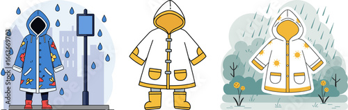 Colorful raincoats displayed in rainy outdoor settings  