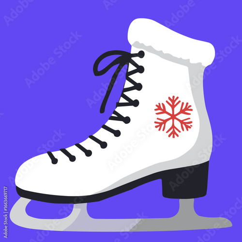 White ice skate with snowflake design on purple background  