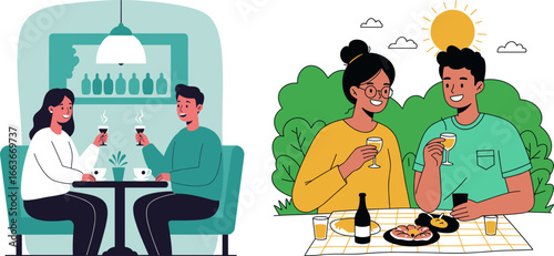 Couples enjoying drinks and food together in cafe and outdoors  