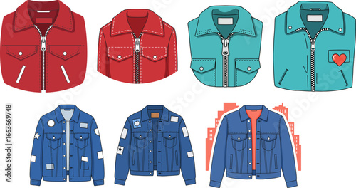 Colorful denim jackets in various styles and designs  
