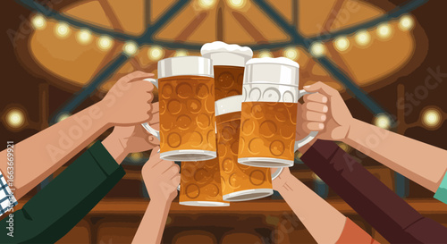 A vibrant flat design illustration capturing the festive spirit of friends toasting with beer steins at the Cannstatter Volksfest, symbolizing celebration and camaraderie