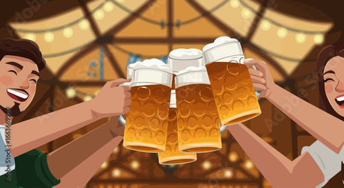 A vibrant flat design illustration capturing the festive spirit of friends toasting with beer steins at the Cannstatter Volksfest, symbolizing celebration and camaraderie