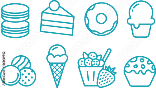 Azure Outline Icons Stacked Macarons, Slice of Cake, Donut, Cupcake, Ice Cream, and More