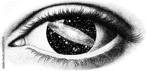 Surreal cosmic eye with stippling dotwork design for artistic inspiration