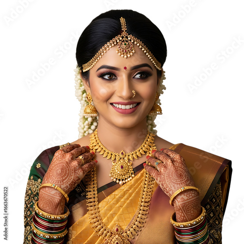 Beautiful indian bride adorned with traditional gold jewelry and makeup, wearing a silk saree, smiling elegantly, isolated on transparent background