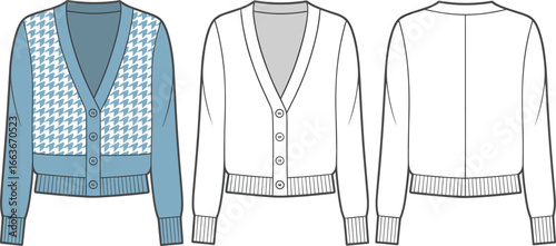 CAD drawing flat vector illustration of women's cropped cardigan sweater with front, back, and side views, button-down, knit, long sleeve