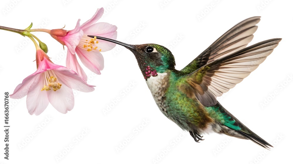 Naklejka premium Broad tailed hummingbird feeding on pink flowers