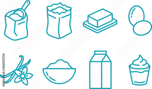 Baking Ingredients Outline Icons Flour, Butter, Milk, Eggs, Vanilla, Sugar, Cupcake