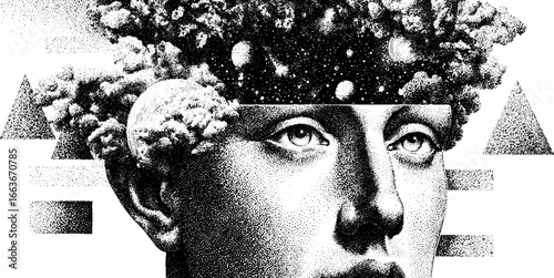 Surreal stippling artwork of a conceptual head with cosmic elements for creative design