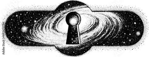 Surreal cosmic keyhole stippling design for posters and prints