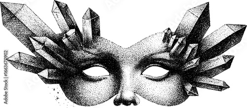 Surreal mask with crystal elements in stipple dotwork style for edgy designs