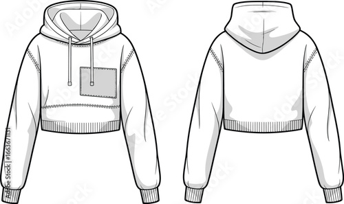 CAD drawing flat vector illustration of women's cropped hoodie, long sleeves, front pocket, drawstring hood, casual sweatshirt, streetwear style, comfortable outfit, sporty fashion 