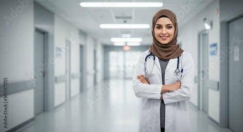Portrait of a confident and professional Muslim female doctor in a hijab, standing with arms crossed in a modern hospital corridor