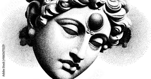Surreal vintage stipple art of a classical statue with intricate dotwork
