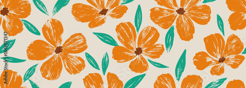 Seamless pattern painting flowers and leaves background vector. Wallpaper design with hand draw retro flowers, bouquets, leaves. Vintage botanical floral pattern, fabric and retro texture