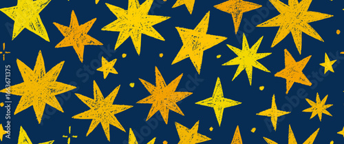 Vector kids pattern with doodle textured stars. Vector seamless background, blue and orange markers and brush stroke sketch pattern