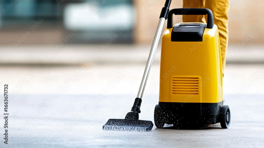 Fototapeta premium Yellow industrial cleaning machine with black hose spraying water on concrete floor, worker operating equipment outdoors