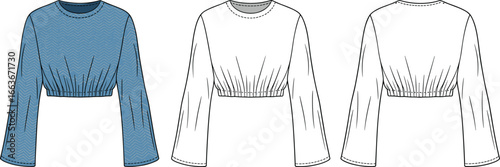 CAD drawing flat vector illustration of women's cropped top, long bell sleeves, elastic waist, casual fashion, zigzag pattern, clothing design, apparel sketch, garment, style, trendy, topwear