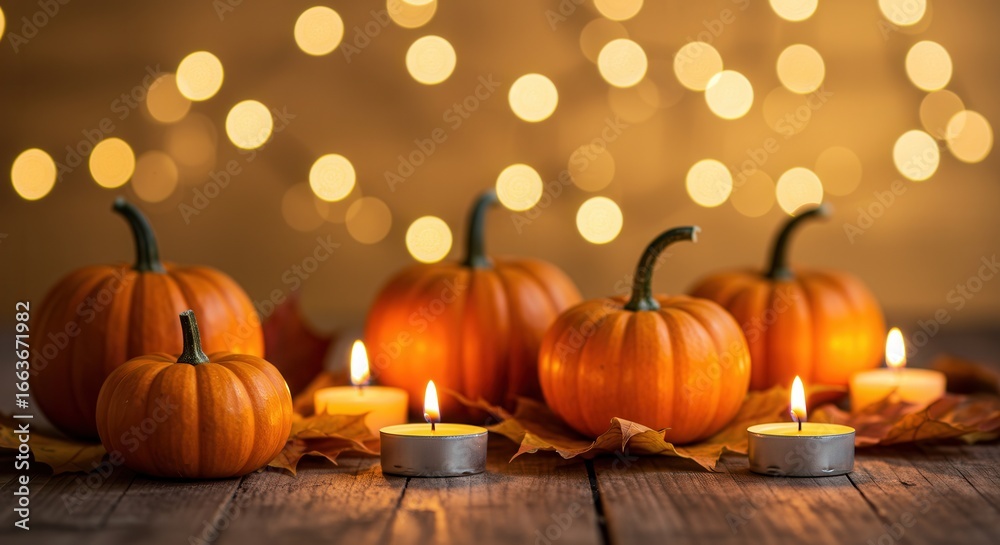 Obraz premium Thanksgiving Background with Pumpkins, Candles and Autumn Leaves on Wooden Table 
